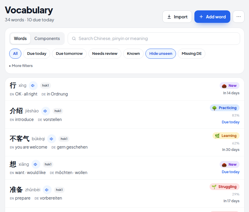 Vocabulary list with tags, levels and due dates