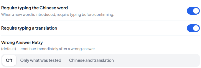 Settings for new words and wrong answers
