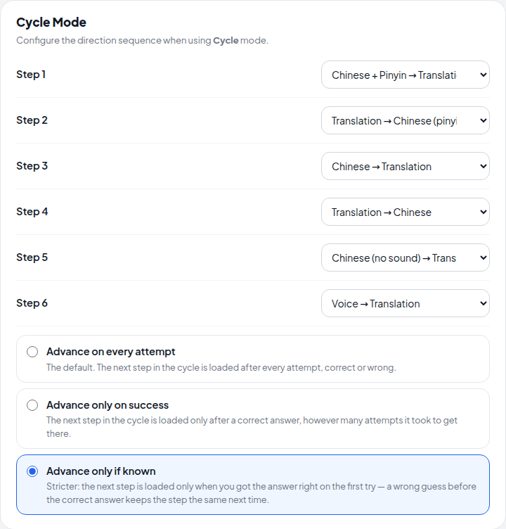Settings for cycle mode, how do you want to train?