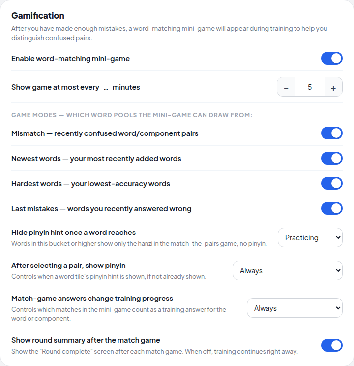 Gamification settings