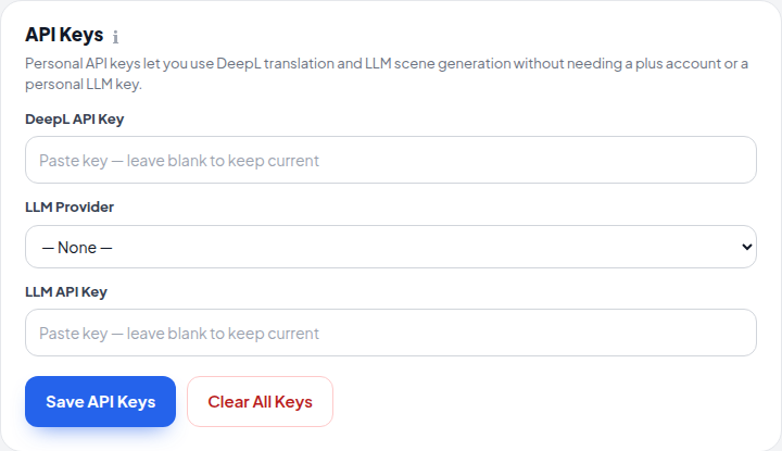 Bring your own API Keys to benefit of LLM or DeepL